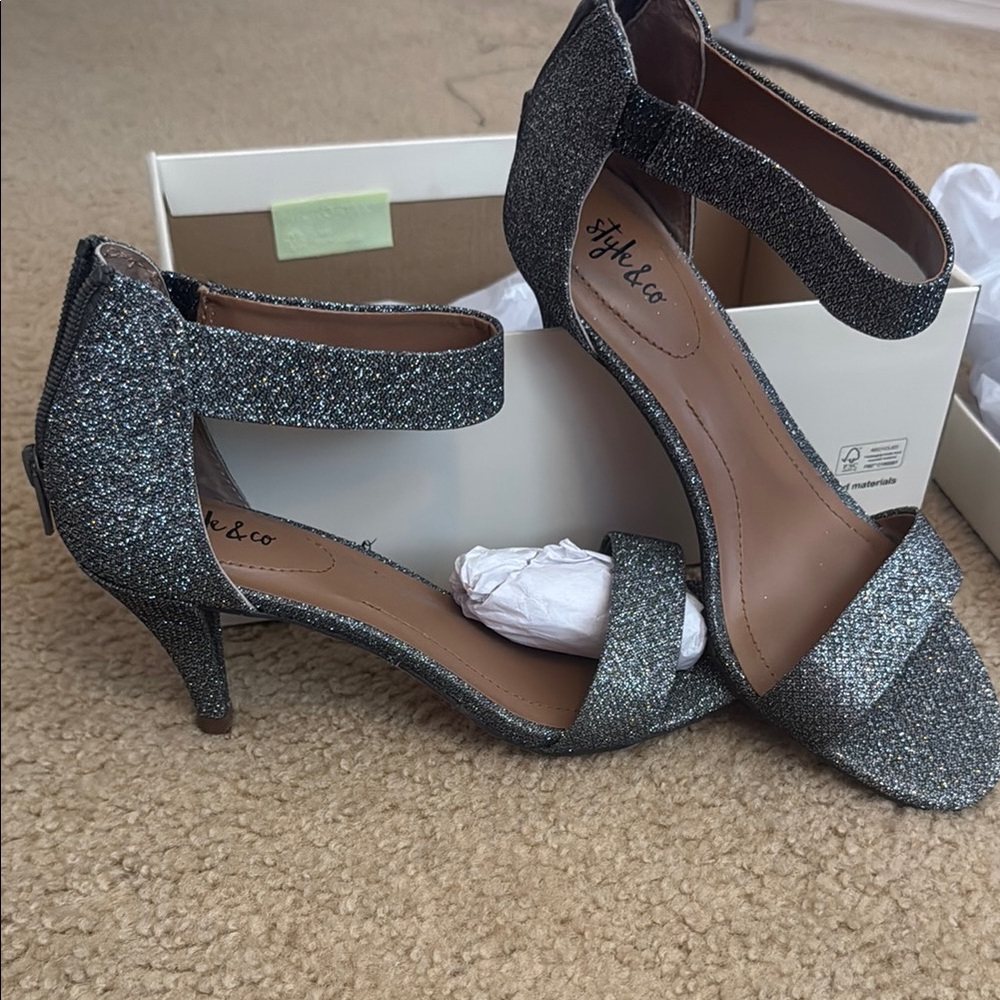 Style & Co Silver Heels with Glitter Ankle Strap